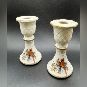 Set of 2 Vintage Bisque Porcelain Cardinal Candle Holders